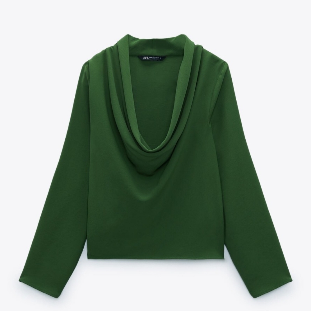 Zara Flowy Neckline Blouse Draped Ruffled Cowl Neck Kelly Green Top Medium Boxy